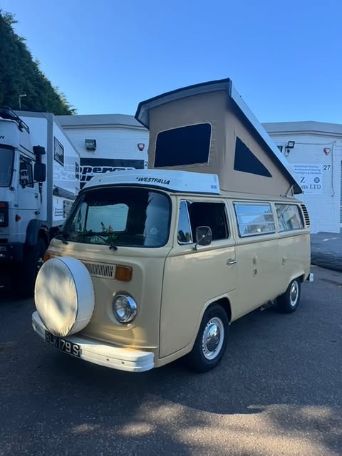 VW T2 Bus | Westfalia pop-top roof canvas, rear hinge, beige, top quality, 8/1974-7/1979