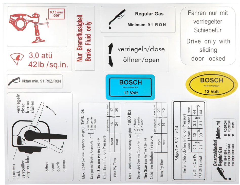 VW T2 Bus | Decal sheet with technical information, 1968-1979