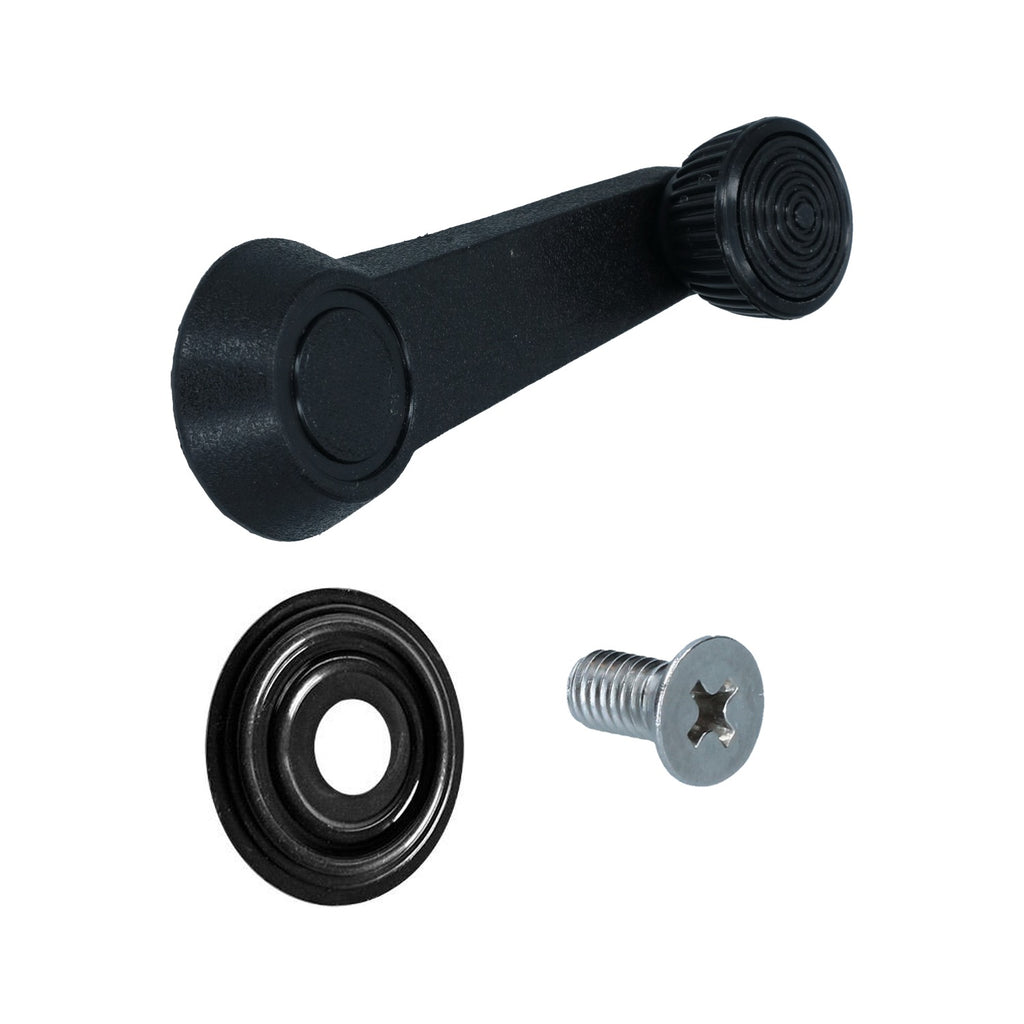 Window winder handle set with rosette, black | VW T2 Bus 08/69-07/92, Beetle 08/74-, KG, T3 Bus 08/69-07/92, Type 3 | 321 837 581 01C + 111 837 595A