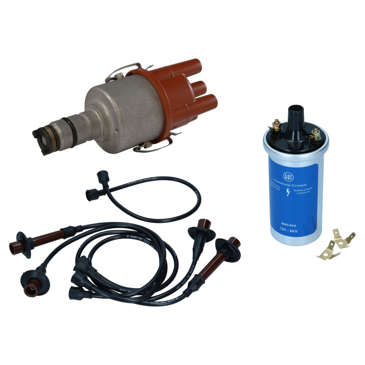 123 Ignition complete set Type 4 met vacuum – VW-R-V, bobine blauw en bougiekabelset – VW T2 Bus, T3 Bus